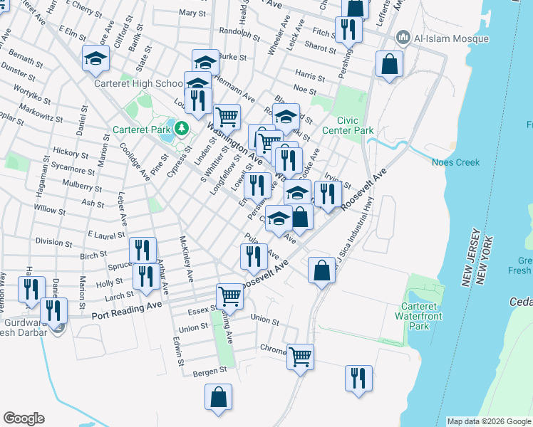 map of restaurants, bars, coffee shops, grocery stores, and more near 41 Atlantic Street in Carteret