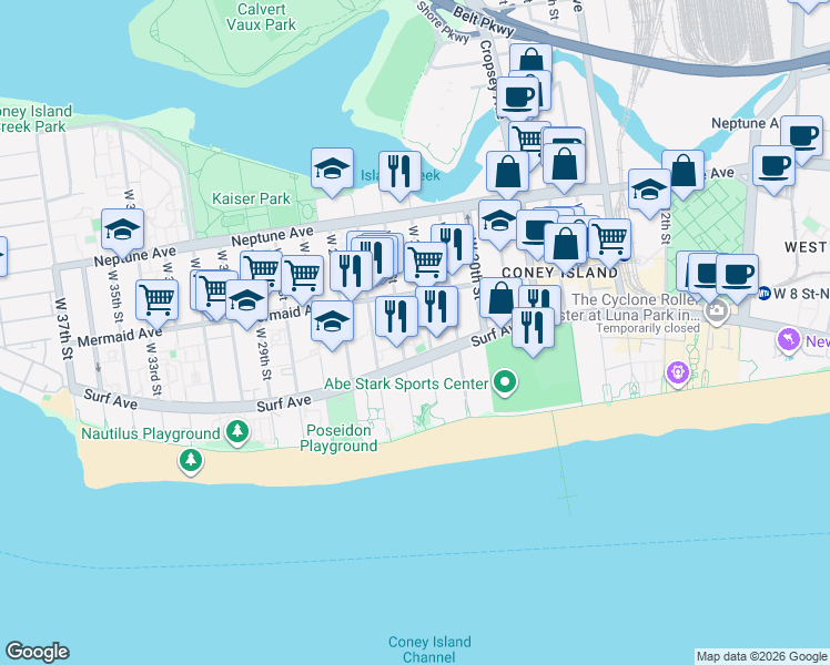 map of restaurants, bars, coffee shops, grocery stores, and more near 2201 Surf Avenue in Brooklyn