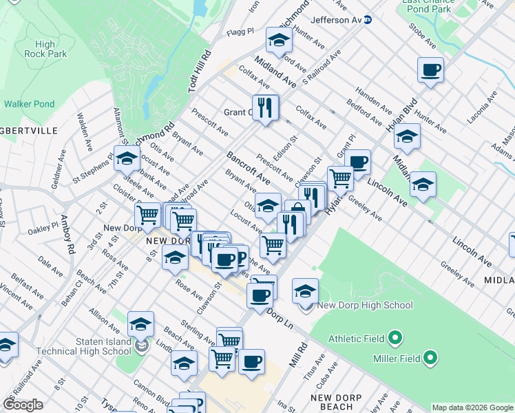 map of restaurants, bars, coffee shops, grocery stores, and more near 208 Otis Avenue in Staten Island