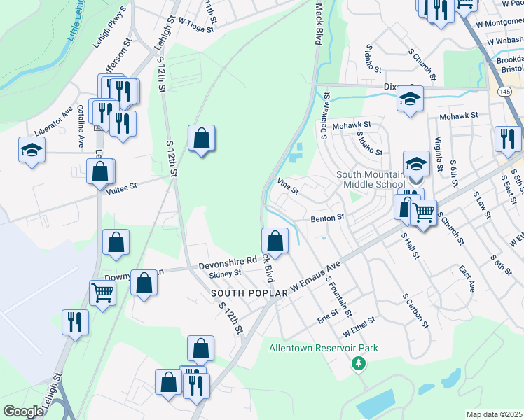 map of restaurants, bars, coffee shops, grocery stores, and more near 1975 Mack Boulevard in Allentown