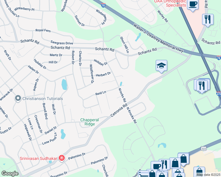map of restaurants, bars, coffee shops, grocery stores, and more near 5519 Reid Lane in Allentown