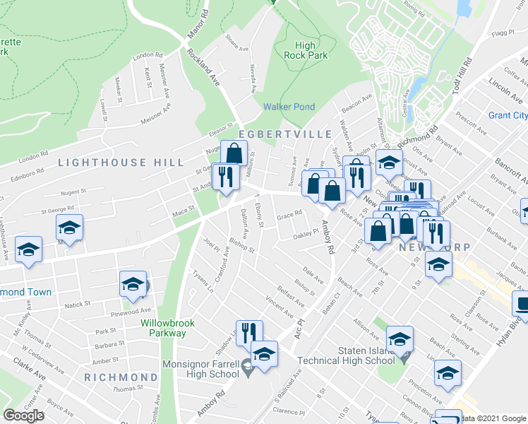 map of restaurants, bars, coffee shops, grocery stores, and more near 27 Ebony Street in Staten Island