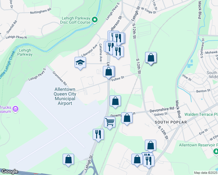 map of restaurants, bars, coffee shops, grocery stores, and more near 1927 Lehigh Street in Allentown