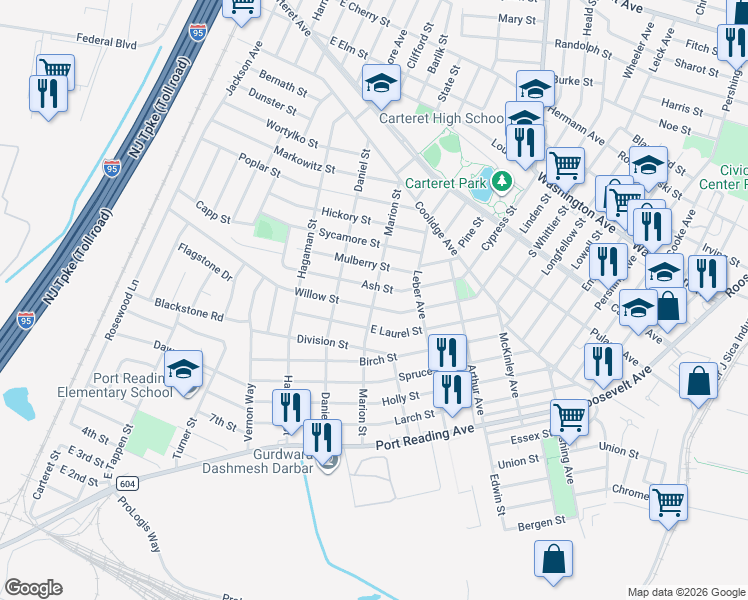 map of restaurants, bars, coffee shops, grocery stores, and more near 60 Marion Street in Carteret