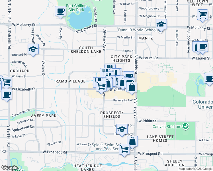 map of restaurants, bars, coffee shops, grocery stores, and more near 1336 West Elizabeth Street in Fort Collins