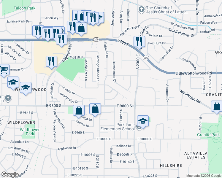 map of restaurants, bars, coffee shops, grocery stores, and more near 2197 Thistlewood Way in Sandy