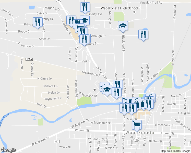 map of restaurants, bars, coffee shops, grocery stores, and more near 311 Glynwood Road in Wapakoneta