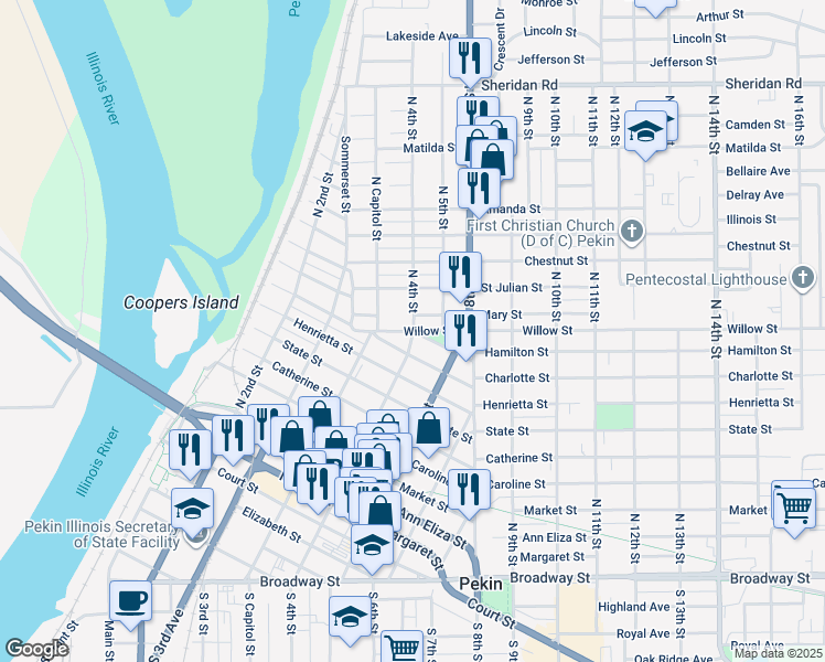 map of restaurants, bars, coffee shops, grocery stores, and more near 404 Willow Street in Pekin