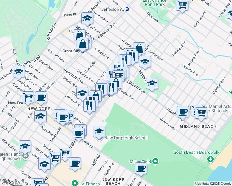 map of restaurants, bars, coffee shops, grocery stores, and more near 11 Maplewood Place in Staten Island