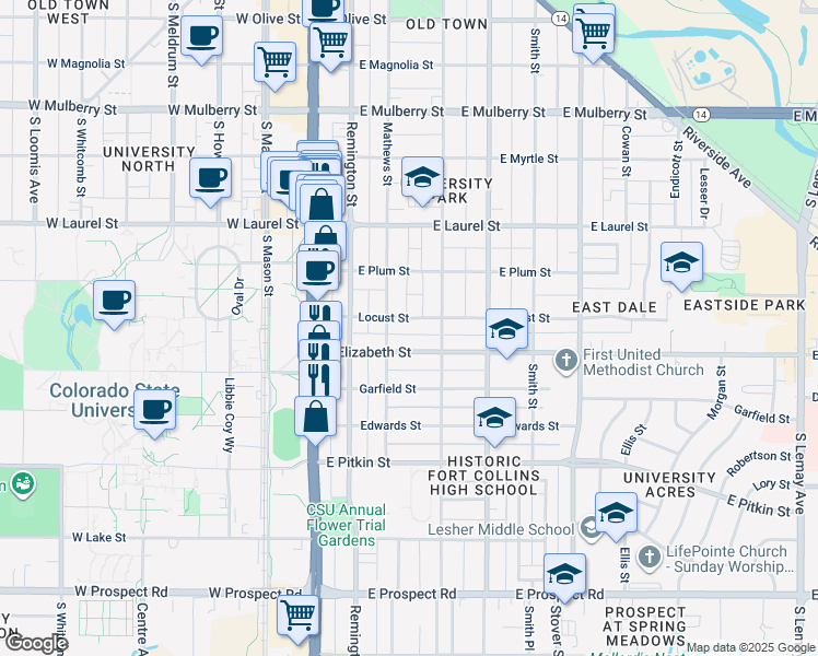 map of restaurants, bars, coffee shops, grocery stores, and more near 309 Locust Street in Fort Collins