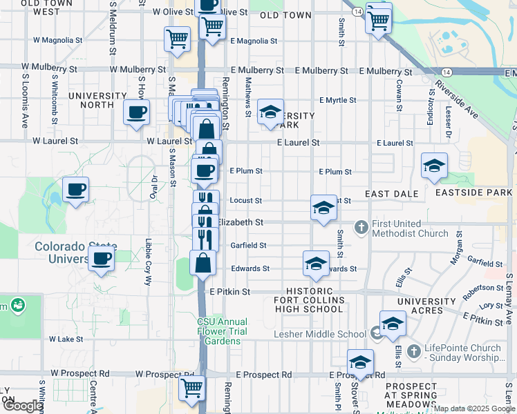 map of restaurants, bars, coffee shops, grocery stores, and more near 309 Locust Street in Fort Collins