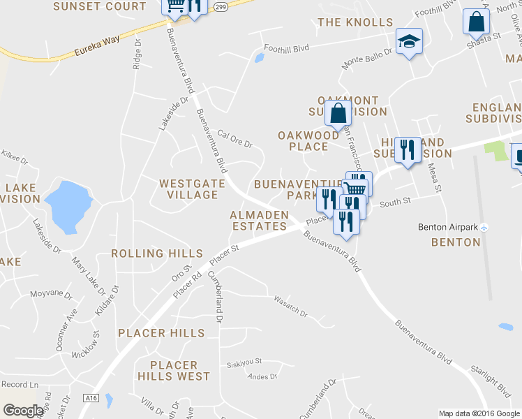 map of restaurants, bars, coffee shops, grocery stores, and more near 1738 Almaden Drive in Redding