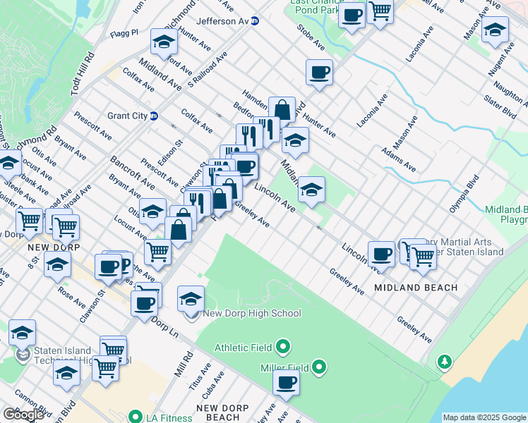 map of restaurants, bars, coffee shops, grocery stores, and more near 351 Greeley Avenue in Staten Island