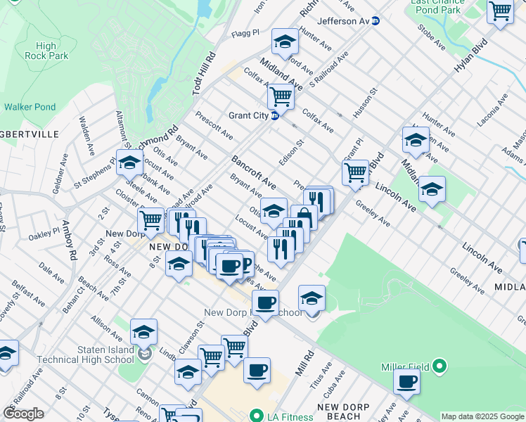 map of restaurants, bars, coffee shops, grocery stores, and more near 208 Otis Avenue in Staten Island