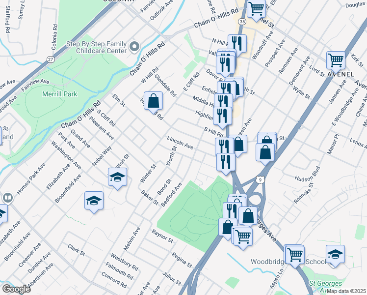 map of restaurants, bars, coffee shops, grocery stores, and more near 97 Lincoln Avenue in Woodbridge Township