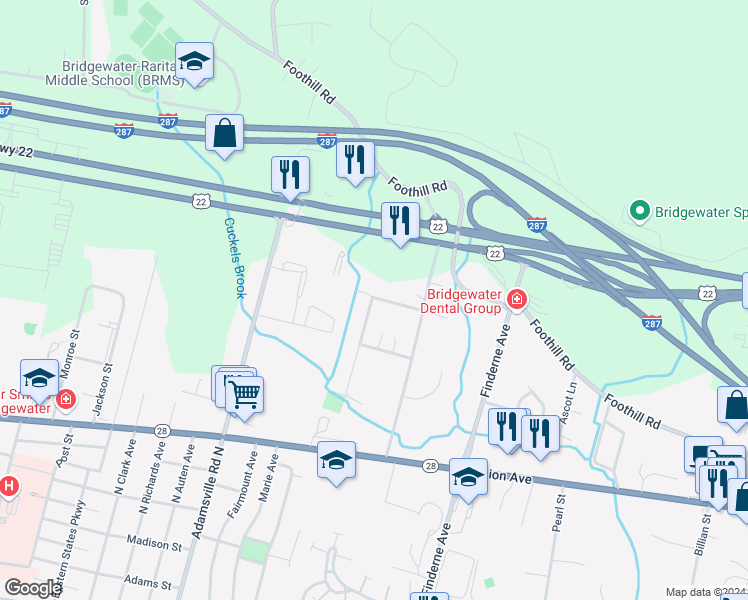 map of restaurants, bars, coffee shops, grocery stores, and more near 10 Stanford Drive in Bridgewater Township