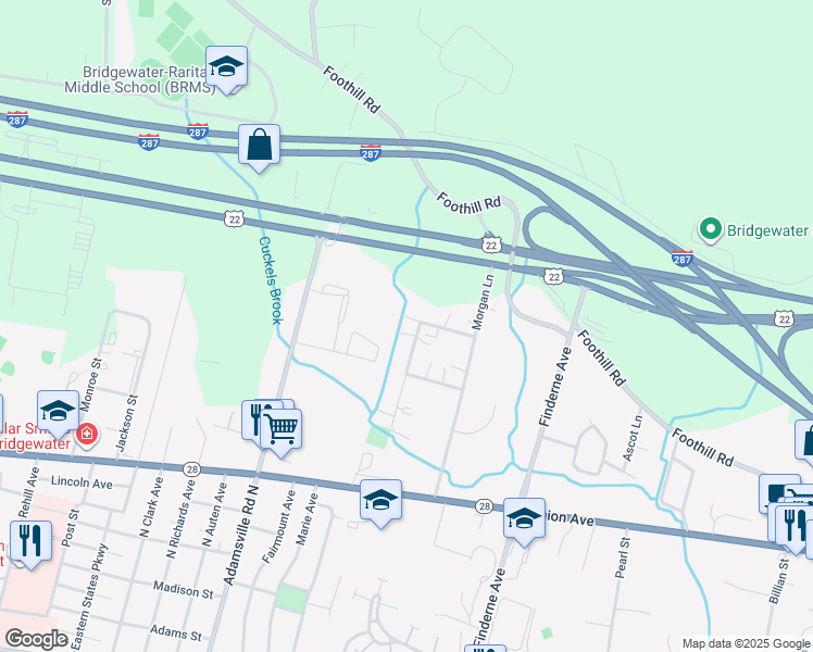 map of restaurants, bars, coffee shops, grocery stores, and more near 10 Stanford Drive in Bridgewater Township