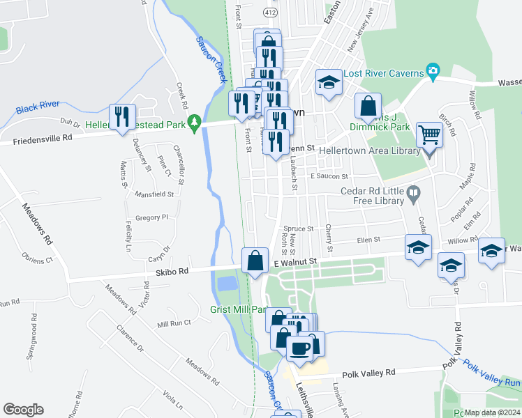 map of restaurants, bars, coffee shops, grocery stores, and more near 211 Front Street in Hellertown