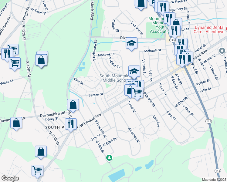 map of restaurants, bars, coffee shops, grocery stores, and more near 813 Benton Street in Allentown