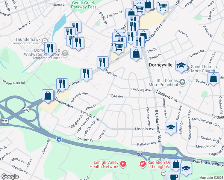 map of restaurants, bars, coffee shops, grocery stores, and more near 3560-3598 Alma Dr in Allentown