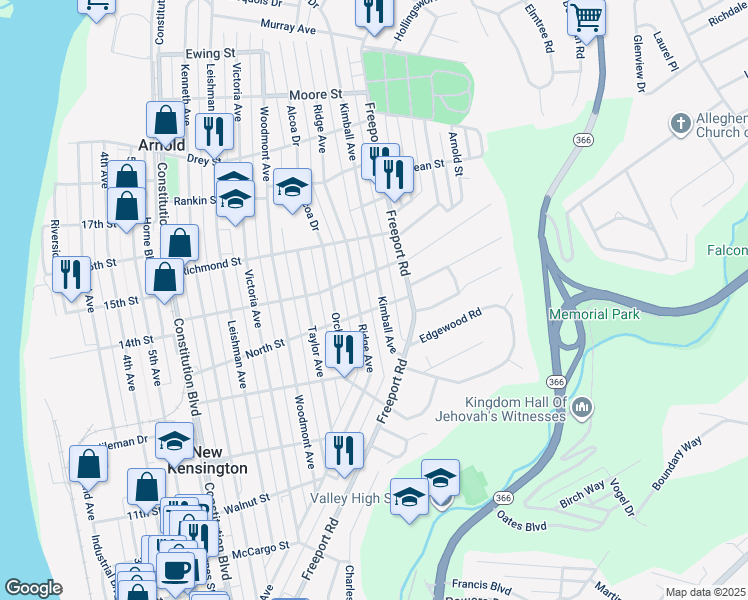 map of restaurants, bars, coffee shops, grocery stores, and more near 1512 Ridge Avenue in New Kensington