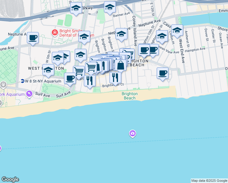 map of restaurants, bars, coffee shops, grocery stores, and more near Riegelmann Boardwalk in Brooklyn