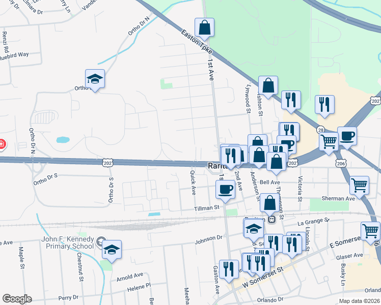 map of restaurants, bars, coffee shops, grocery stores, and more near 700 U.S. 202 in Raritan