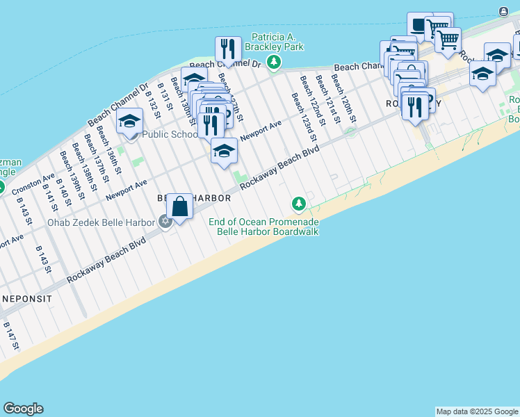 map of restaurants, bars, coffee shops, grocery stores, and more near 153 Beach 128th Street in Queens