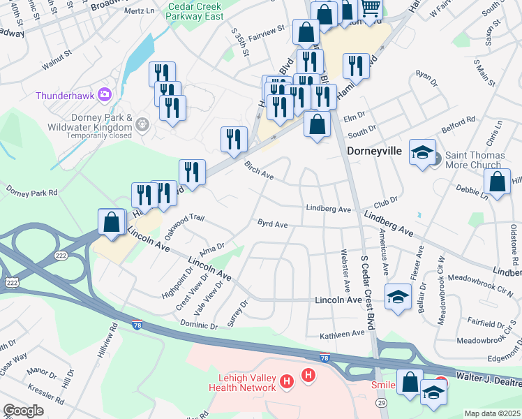 map of restaurants, bars, coffee shops, grocery stores, and more near 3560 Alma Drive in Allentown