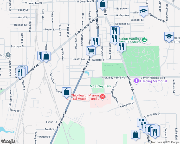 map of restaurants, bars, coffee shops, grocery stores, and more near 215 Lake Street in Marion