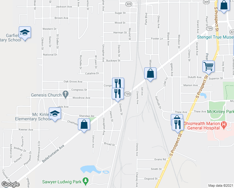 map of restaurants, bars, coffee shops, grocery stores, and more near 765 Davids St in Marion