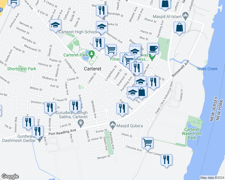 map of restaurants, bars, coffee shops, grocery stores, and more near 45 Emerson Street in Carteret