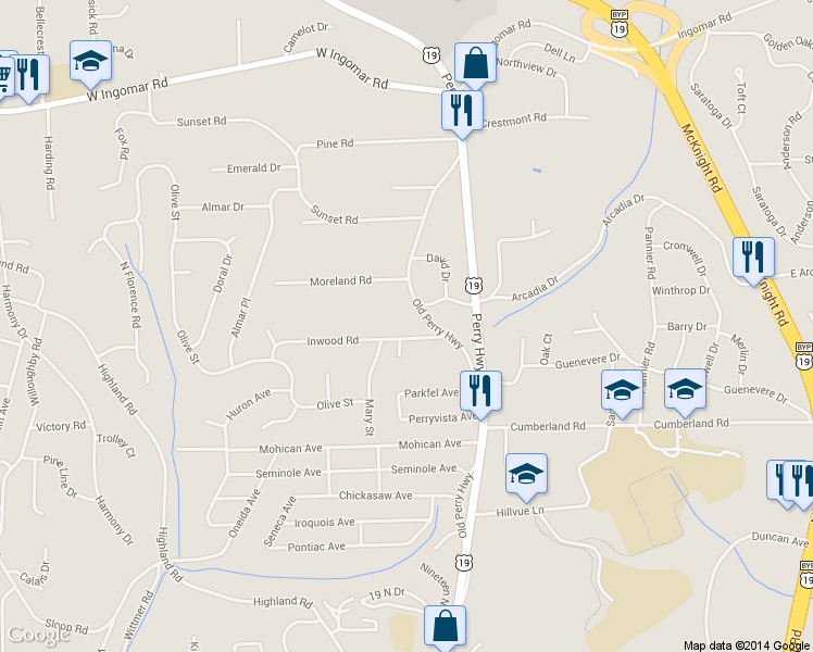 map of restaurants, bars, coffee shops, grocery stores, and more near 160 Inwood Rd in Pittsburgh