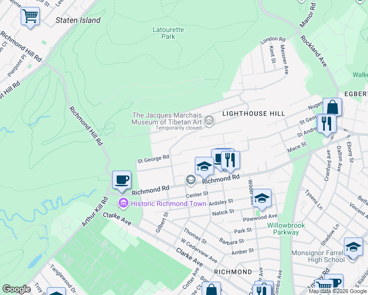 map of restaurants, bars, coffee shops, grocery stores, and more near 391 Saint George Road in Staten Island
