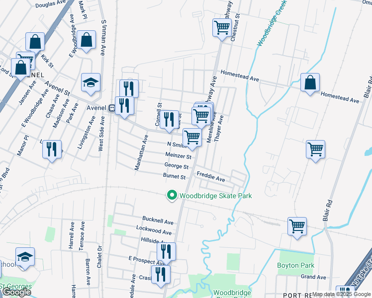 map of restaurants, bars, coffee shops, grocery stores, and more near 5 North Smith Street in Woodbridge Township