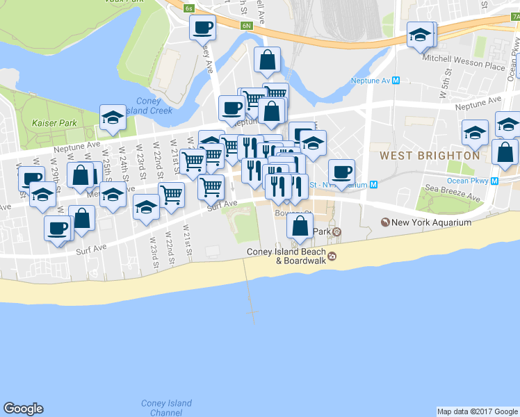 map of restaurants, bars, coffee shops, grocery stores, and more near 1520 Surf Avenue in Brooklyn