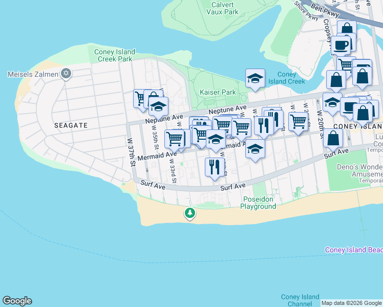 map of restaurants, bars, coffee shops, grocery stores, and more near 3114 Mermaid Avenue in Brooklyn