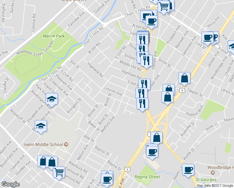map of restaurants, bars, coffee shops, grocery stores, and more near 97 Lincoln Avenue in Woodbridge Township