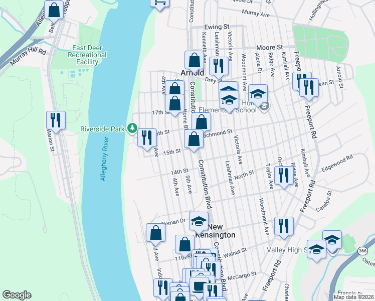 map of restaurants, bars, coffee shops, grocery stores, and more near 518 15th Street in Arnold