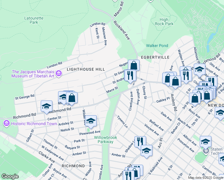 map of restaurants, bars, coffee shops, grocery stores, and more near 43 Mace Street in Staten Island