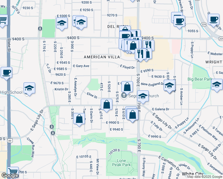 map of restaurants, bars, coffee shops, grocery stores, and more near 9703 South 520 East in Sandy