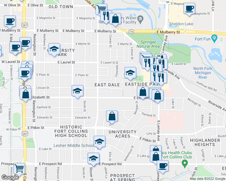 map of restaurants, bars, coffee shops, grocery stores, and more near 727 Locust Street in Fort Collins
