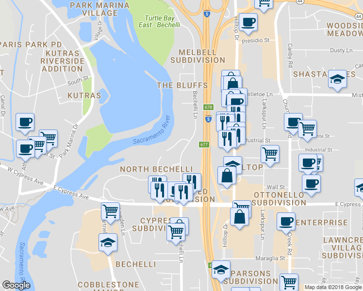 map of restaurants, bars, coffee shops, grocery stores, and more near 443 Redcliff Drive in Redding