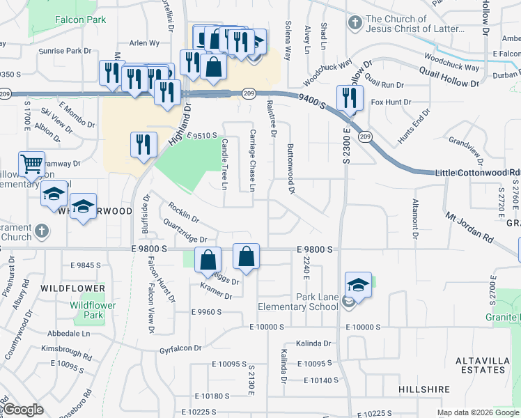 map of restaurants, bars, coffee shops, grocery stores, and more near 2148 Candlewood Drive in Sandy