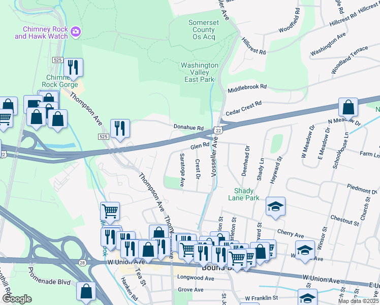 map of restaurants, bars, coffee shops, grocery stores, and more near 16 Saratoga Avenue in Bound Brook
