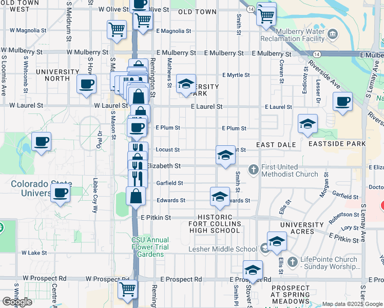 map of restaurants, bars, coffee shops, grocery stores, and more near 335 Locust Street in Fort Collins