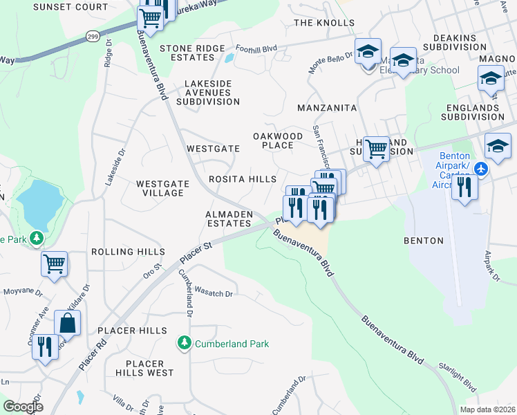 map of restaurants, bars, coffee shops, grocery stores, and more near 1494 Lear Way in Redding