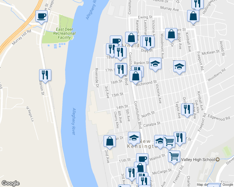 map of restaurants, bars, coffee shops, grocery stores, and more near 401 15th Street in New Kensington