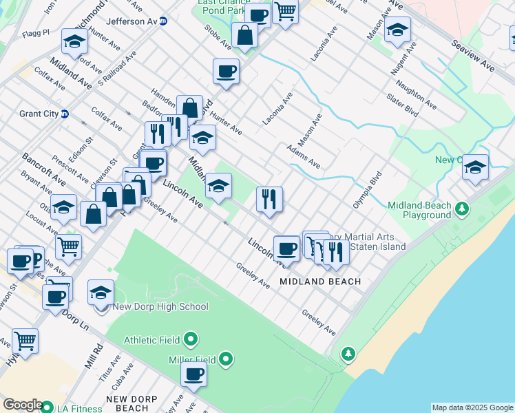 map of restaurants, bars, coffee shops, grocery stores, and more near 1194 Mason Avenue in Staten Island