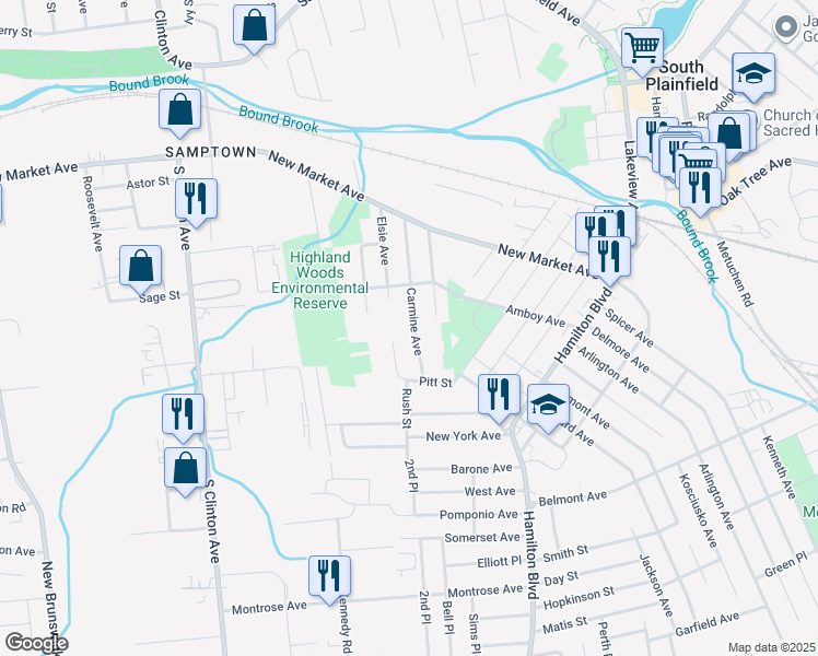 map of restaurants, bars, coffee shops, grocery stores, and more near 526 Carmine Avenue in South Plainfield